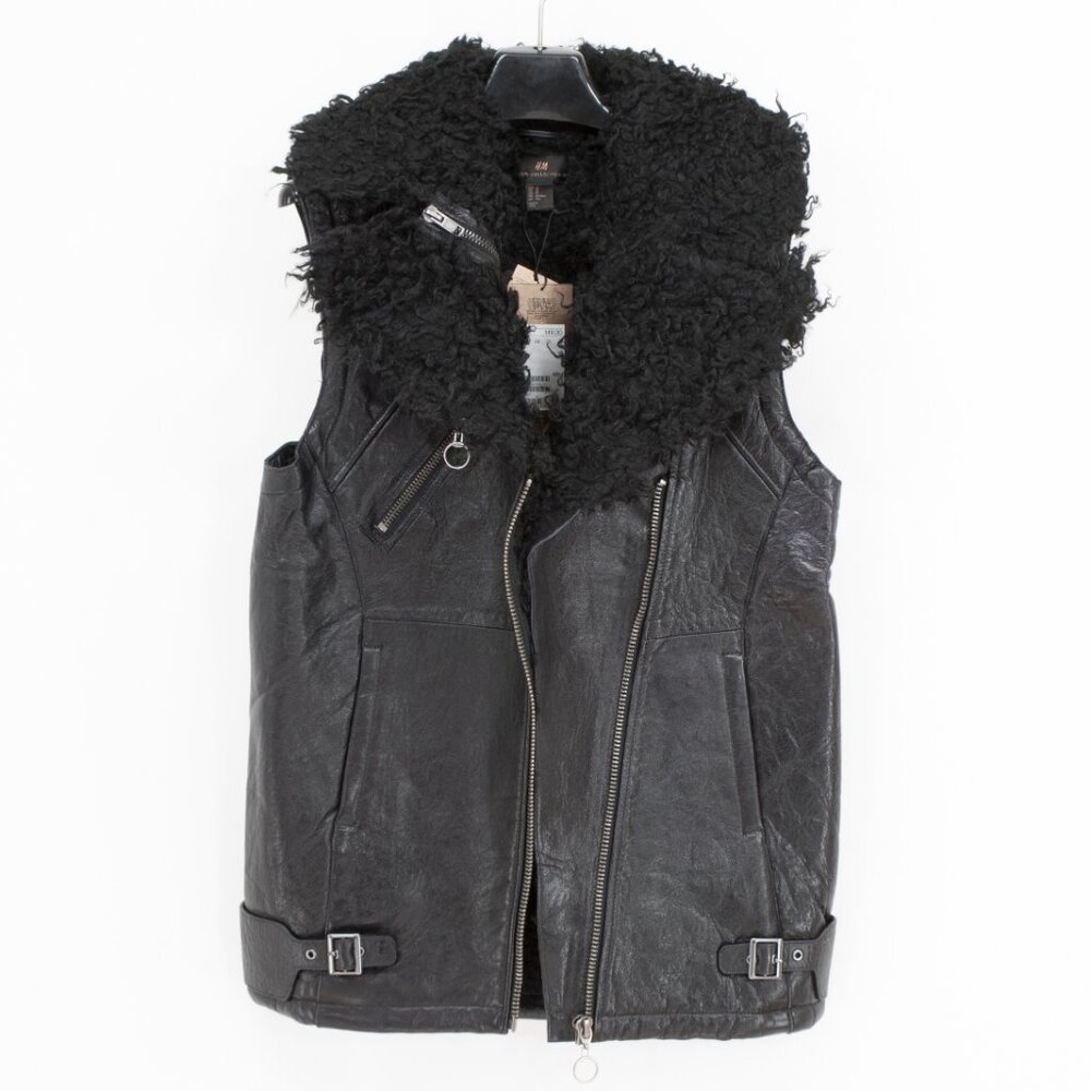 H&M Faux Leather Moto Vest Oversized Shearling Collar Men’s XS - Picture 3 of 5